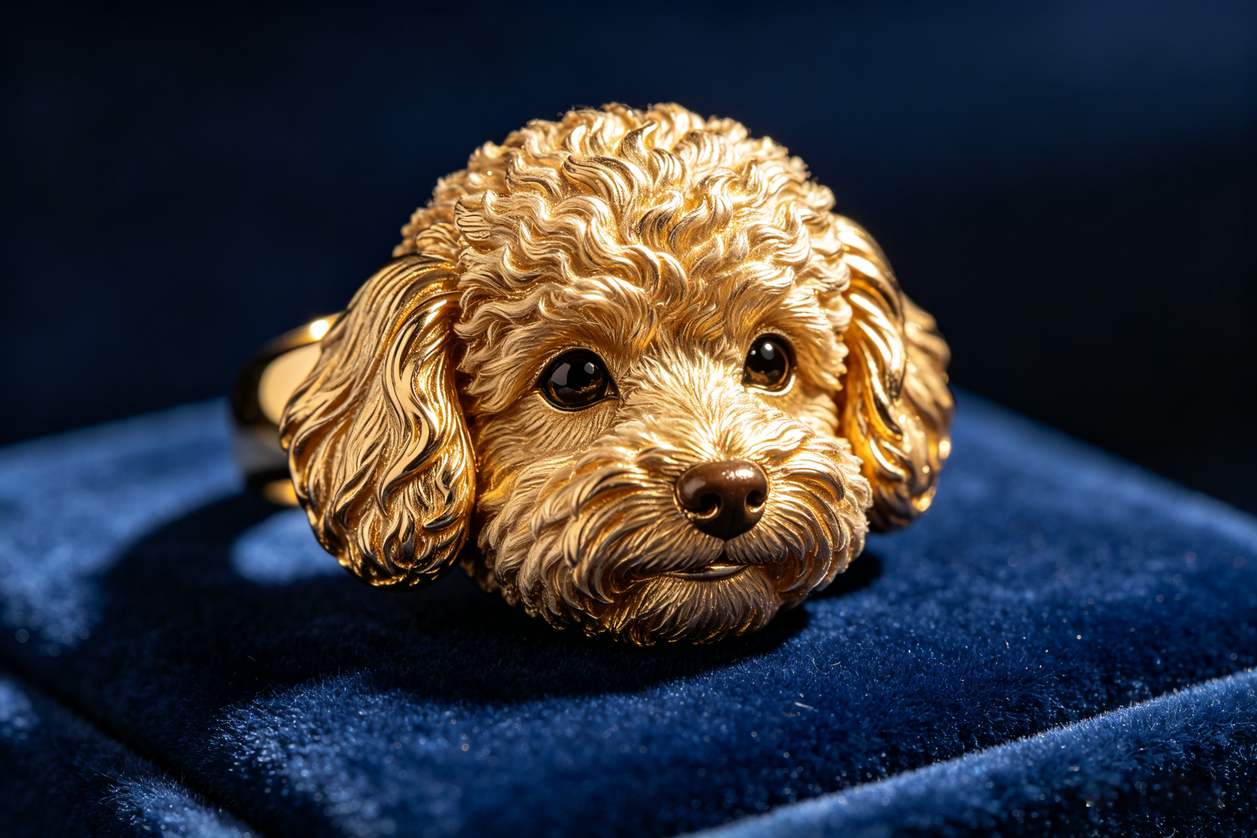 18K gold plated custom 3D pet portrait ring, luxury bespoke dog head ring on blue velvet display, high-end personalized pet jewelry by Soulpawry.