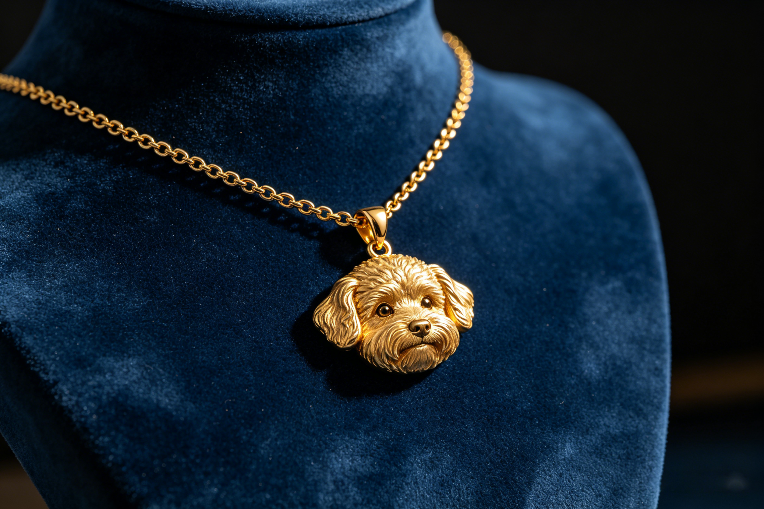 18K gold plated custom 3D pet portrait necklace, bespoke handcrafted dog pendant on blue velvet display, personalized pet jewelry by Soulpawry.