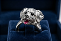 Bespoke 3D pet portrait ring with artisan hand-painted enamel, handcrafted in 925 sterling silver, realistic dog head sculpture jewelry by Soulpawry.