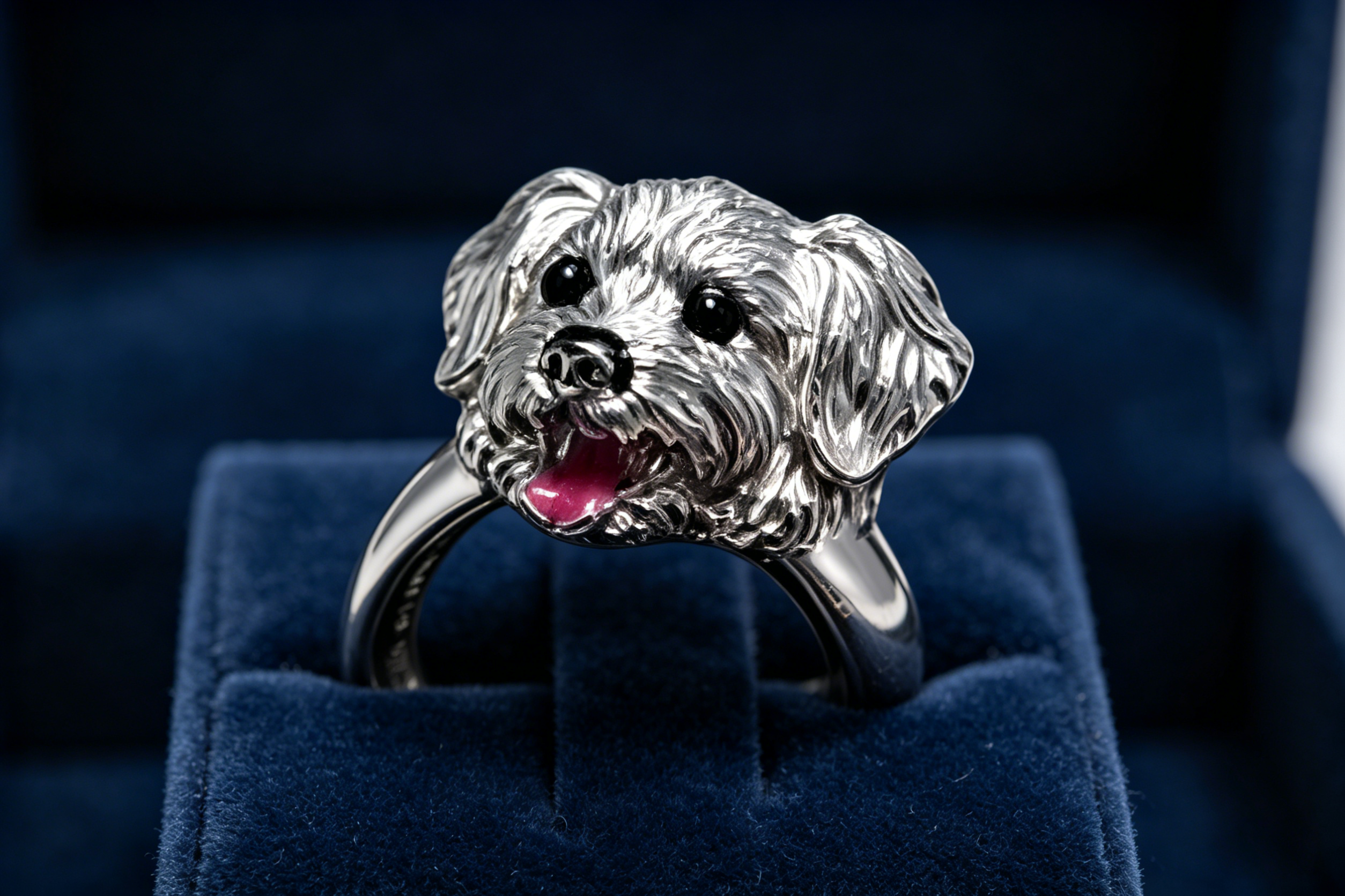 Bespoke 3D pet portrait ring with artisan hand-painted enamel, handcrafted in 925 sterling silver, realistic dog head sculpture jewelry by Soulpawry.
