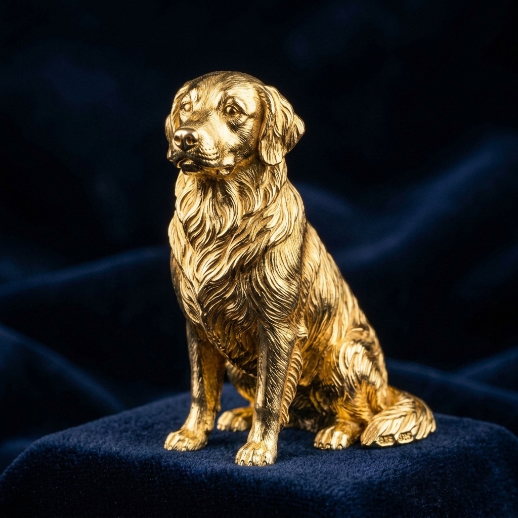 Luxury 18K gold plated full-body pet sculpture, personalized custom dog statue, premium handcrafted pet lover keepsake by Soulpawry.