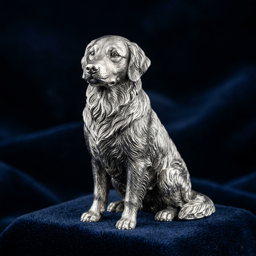 Handcrafted full-body dog sculpture in 925 sterling silver, highly detailed 3D pet portrait statue, bespoke pet memorial art by Soulpawry.