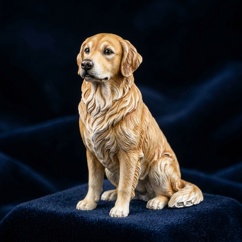 Bespoke 3D pet statue showing realistic muscular structure and fur texture, custom silver dog sculpture on blue velvet, fine jewelry art by Soulpawry.
